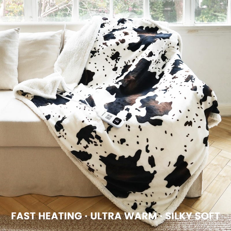 blunique Cow Print Heated Throw Blanket Electric Blanket-Heating Blanket Throw with 10 Heat Levels & 10 Hours Auto Off, Cozy Soft Fleece Sherpa, Washable, 50 x 60 Inches Cow Print White - Image 2
